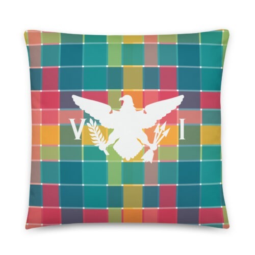 White USVI Flag on VI Madras Inspired Reversible Pillow (two sizes to choose from)