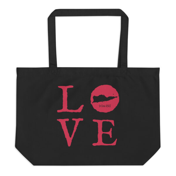 St Croix LOVE Raspberry on Black Large organic tote bag
