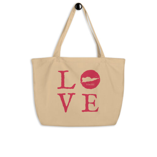 St Croix LOVE Raspberry on Natural Large organic tote bag