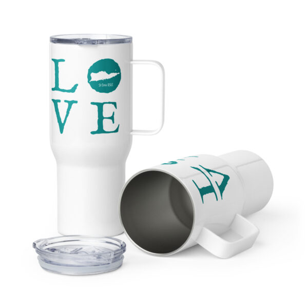 St Croix LOVE Turquoise on White Travel mug with a handle - Image 2