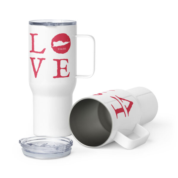 St Croix LOVE Raspberry Travel mug with a handle - Image 2