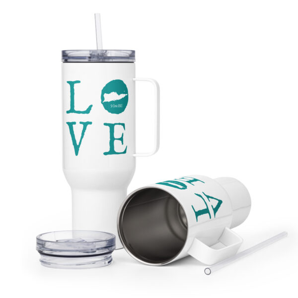 St Croix LOVE Turquoise on White Travel mug with a handle