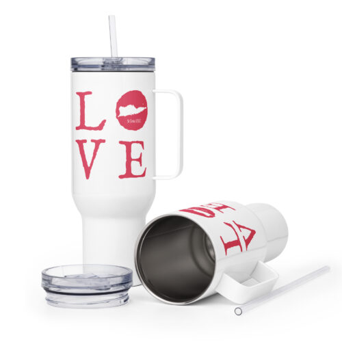 St Croix LOVE Raspberry Travel mug with a handle