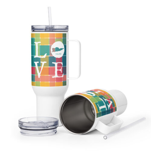 USVI Madras Inspired LOVE Travel mug with a handle